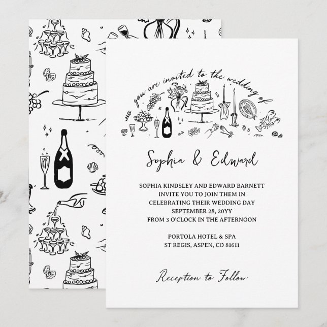 Invitación Arte de línea caprichosa dibujada a mano estilo bo (Anverso / Reverso)