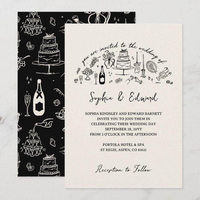 Invitación Arte de línea caprichosa dibujada a mano estilo bo (Anverso / Reverso)