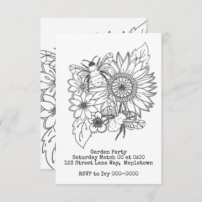 Invitación Arte de línea de abejas y girasoles (Anverso / Reverso)
