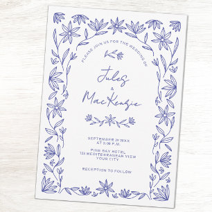 Invitación Arte de línea de Bodas de Flor Silvestre Azul Medi