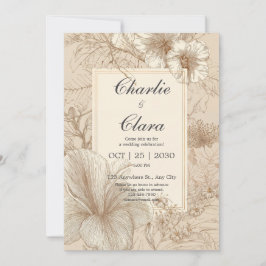 Invitación Arte de línea de hibisco sepia vintage para boda