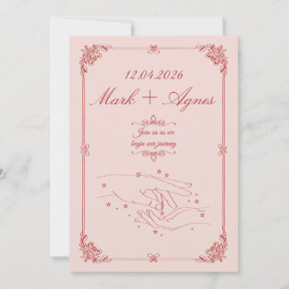 Invitación Arte de línea de manos de boda rojo rosa elegante