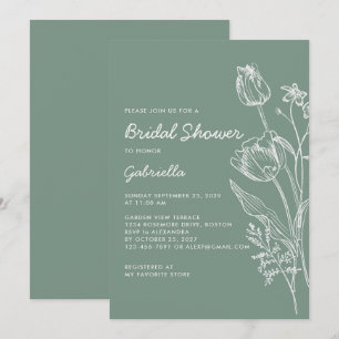 Invitación Arte de Línea de Tulipanes Verde Salvia Jardín Des