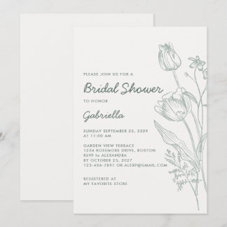 Invitación Arte de Línea de Tulipanes Verde Salvia Jardín Des