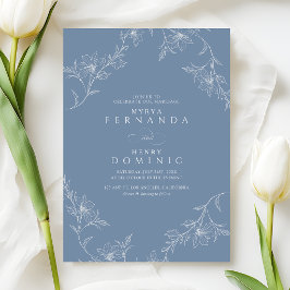 Invitación Arte de línea floral boho azul polvoriento boda