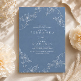 Invitación Arte de línea floral boho azul polvoriento boda