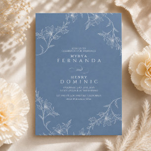Invitación Arte de línea floral boho azul polvoriento boda