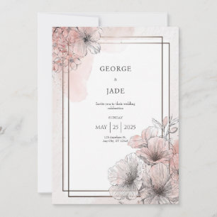 Invitación Arte de Línea Floral Rosa Claro Moderno para Bodas