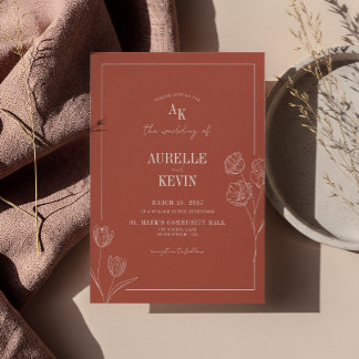 Invitación Arte de línea floral Terracota rústica Boda elegan
