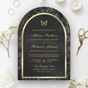 Invitación Arte de Línea Negra Mariposa Arco Dorado Boda
