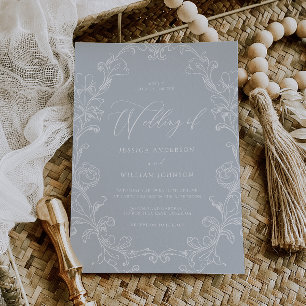 Invitación Arte de línea victoriano rococó vintage azul boda