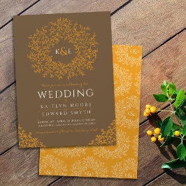 Invitación Arte de monograma de hoja dibujada a mano en naran