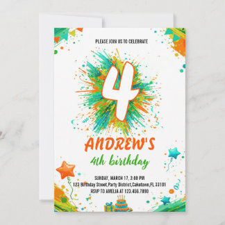 Invitación Arte de Niño Cumpleaños con Salpicaduras de Pintur