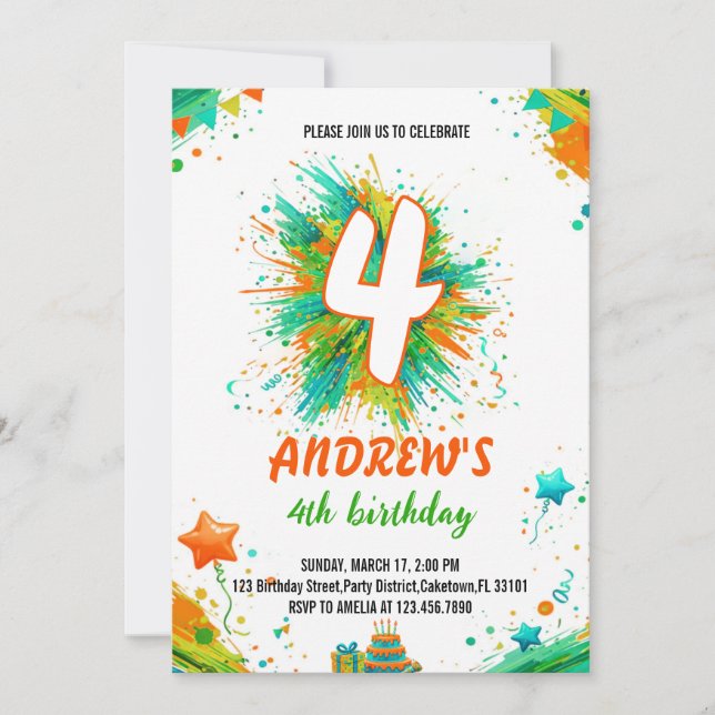 Invitación Arte de Niño Cumpleaños con Salpicaduras de Pintur (Anverso)