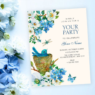 Invitación Arte de pájaro floral azul elegante