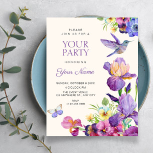 Invitación Arte de pájaro floral morado elegante