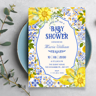 Invitación arte de patrón de baldosas de limón azul baby show