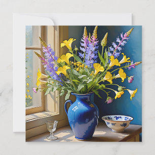 Invitación Arte de ramo azul amarillo púrpura