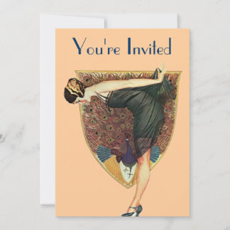 Invitación Arte Deco Antiguo Flapper con Pavo Real 