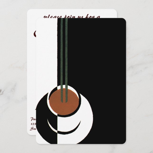 Invitación Arte Deco Antiguo, Taza de Café con Vapor (Anverso / Reverso)