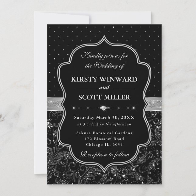 Invitación Arte Deco Bodas Brillo Negro y Plata (Anverso)