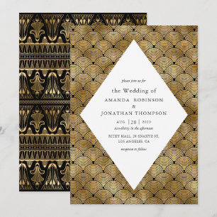 Invitación Arte Deco Bodas Patrón Dorado y Negro