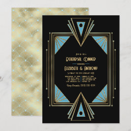 Invitación Arte Deco Chic Gatsby Cena de Ensayo Azul y Dorado