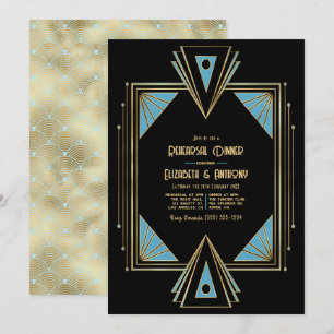 Invitación Arte Deco Chic Gatsby Cena de Ensayo Azul y Dorado