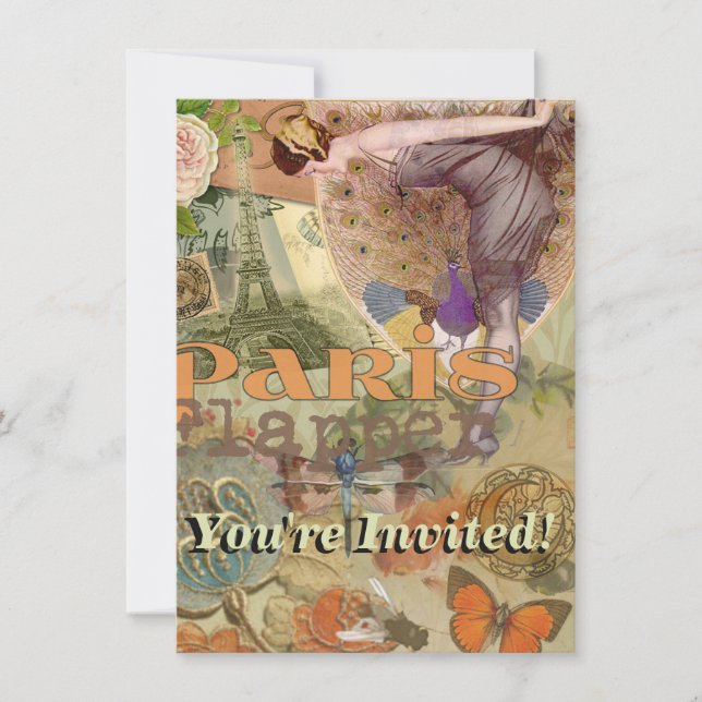 Invitación Arte Deco Collage de Pavo Real Flapper de París Vi (Anverso)