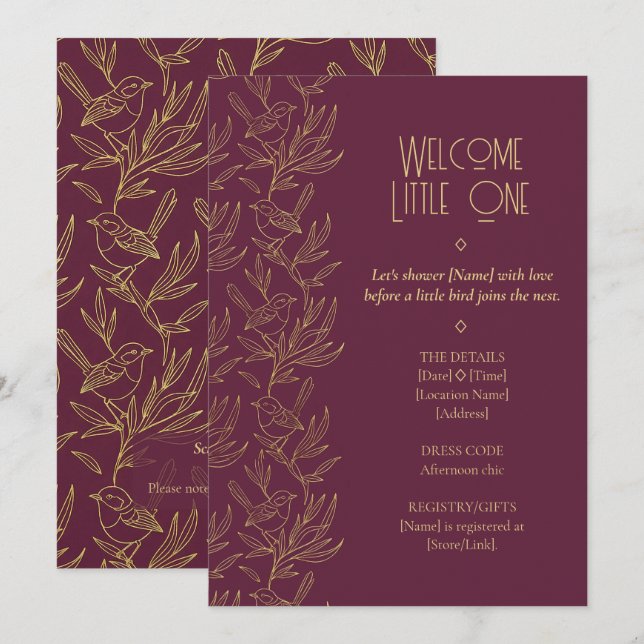 Invitación Arte Deco con filigrana de oro | Baby Shower de Fa (Anverso / Reverso)