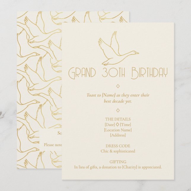Invitación Arte Deco con filigrana de oro | Cumpleaños 30 del (Anverso / Reverso)