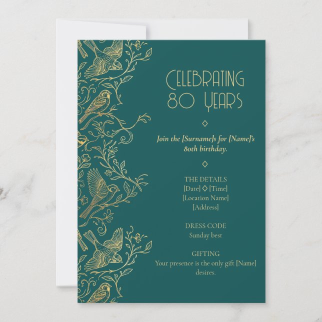 Invitación Arte Deco con Filigrana de Oro | Cumpleaños 80 del (Anverso)