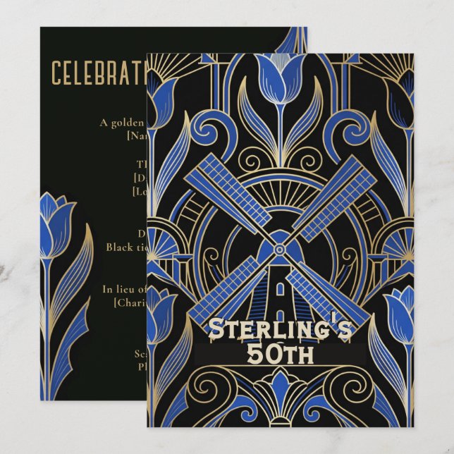 Invitación Arte Deco de Ámsterdam | 50 cumpleaños de Molinos  (Anverso / Reverso)