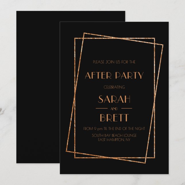 Invitación Arte deco de fiesta de bodas después del marco neg (Anverso / Reverso)