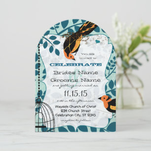 Invitación Arte Deco de pájaros inspirado en coral y turquesa