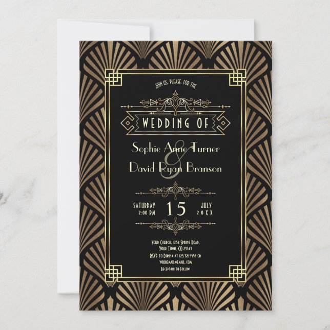 Invitación Arte Deco Dorado Negro Boda Gatsby Años 20 (Anverso)