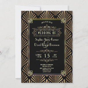 Invitación Arte Deco Dorado Negro Boda Gatsby Años 20