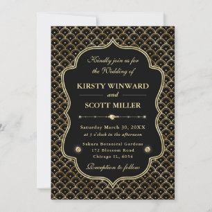 Invitación Arte Deco Elegante con Volutas en Oro para Boda