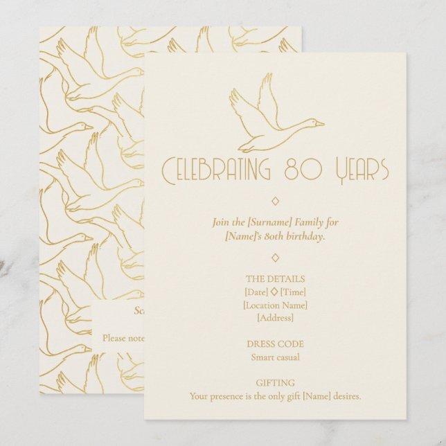 Invitación Arte Deco Filigrana de Oro | Cumpleaños 80 del Gan (Anverso / Reverso)