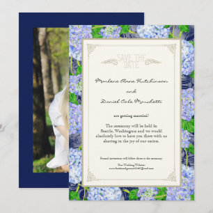 Invitación Arte Deco Floral Hortensia Azul Bodas Elegantes