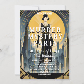 Invitación arte deco gran Gatsby misterio de asesinato