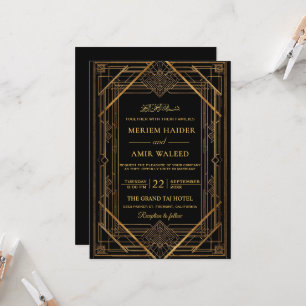 Invitación Arte Deco islámico vintage negro y dorado para bod
