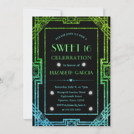 Invitación Arte Deco Marco Brillo Azul y Verde Dulces 16