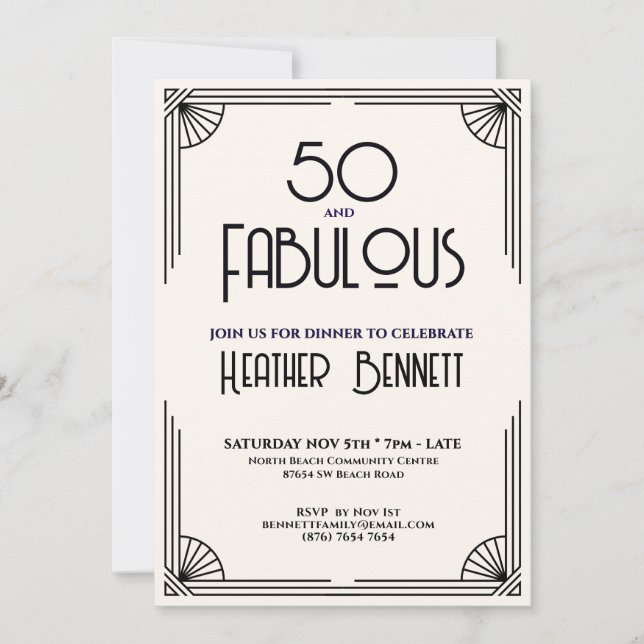 Invitación Arte Deco Moderno 50 y Fabuloso Cumpleaños (Anverso)