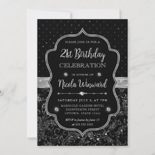 Invitación Arte Deco Negro y Plateado Cumpleaños 21 Brillante