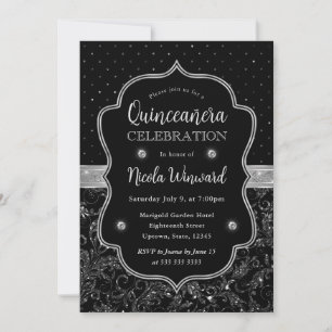 Invitación Arte Deco Negro y Plateado Quinceañera Brillante