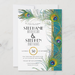 Invitación Arte Deco Peacock Feathers Gold Purpurina Tipograf
