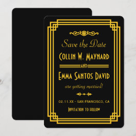 Invitación Arte Deco Simple Negro y Dorado Salva la Fecha