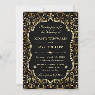 Invitación Arte Decorativo Abanico Dorado Boda Marco Elegante