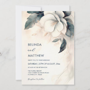 Invitación Arte fino Flor 3D Marfil Azul